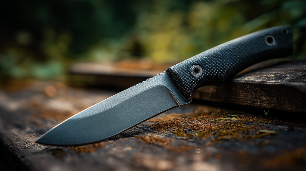 Ein Outdoor-Messer liegt diagonal auf einem Holzstück, die glänzende Klinge und der strukturierte Griff sind gut erkennbar, mit einem verschwommenen natürlichen Hintergrund. (KI-generiert)