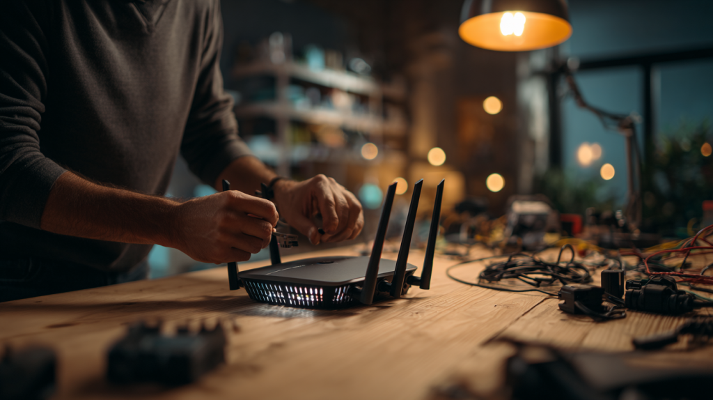 KI-generiertes Bild: Technikinteressierter Mann tauscht alten Router gegen modernen TP-Link Wi-Fi 6 Router im Heimnetzwerk.