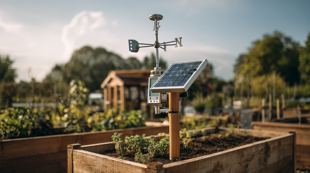 Solarbetriebene Wetterstation mit Windmesser und Display in einem Hochbeet im Garten.
(Abbildung KI-generiert)