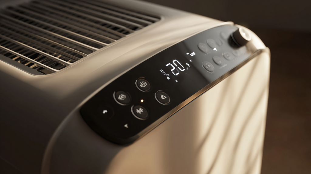 KI-generiertes Bild: Nahaufnahme eines digitalen Bedienfelds eines modernen Luftentfeuchters mit Hygrostat und Timer.