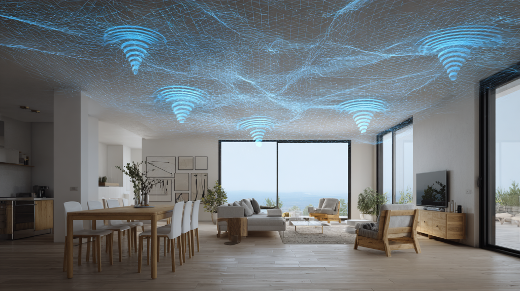 KI-generiertes Bild zeigt Mesh-WLAN-Netzwerk in einem modernen Wohnhaus mit gleichmäßiger Signalverteilung.