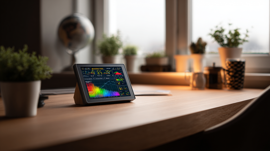 Kompakte Wetterstation mit farbigem Display auf einem Schreibtisch, moderne Innenraumbeleuchtung.
(Abbildung KI-generiert)