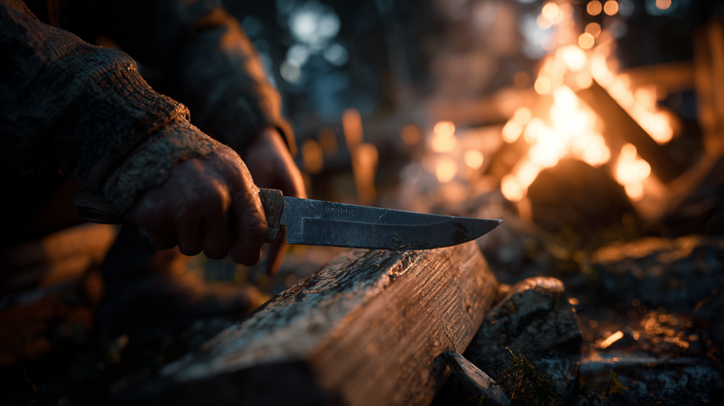 Eine Person schneidet Holz mit einem Outdoor-Messer am Lagerfeuer, die Klinge wird durch das flackernde Feuer hervorgehoben. (KI-generiert)