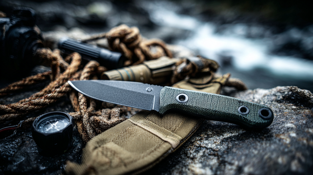 Ein Outdoor-Messer liegt neben einem Survival-Kit aus Kompass, Seil und Taschenlampe auf einem felsigen Untergrund. (KI-generiert)
