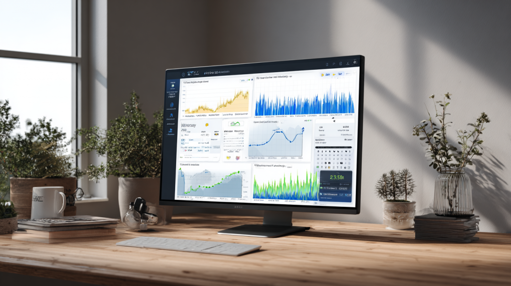 PC-Monitor mit grafischen Wetterdaten und Statistiken im modernen Arbeitszimmer.
(Abbildung KI-generiert)