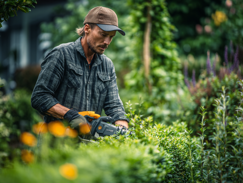 Mann benutzt eine ergonomische kabellose Heckenschere in seinem Garten, der Fokus liegt auf dem komfortablen Griff und Design des Werkzeugs (KI-generiert).