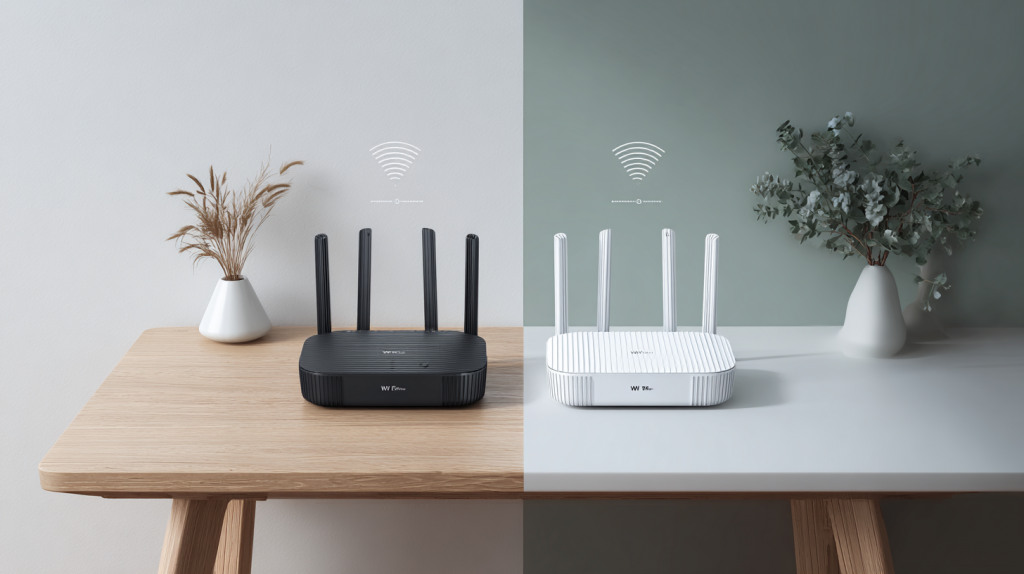 KI-generiertes Bild mit zwei nebeneinander dargestellten Wi-Fi 6 Routern im Vergleich – TP-Link vs. ASUS.