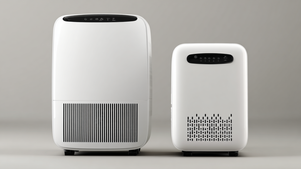 KI-generiertes Bild: Zwei moderne Luftentfeuchter im direkten Vergleich – unterschiedliche Größen und Designs.