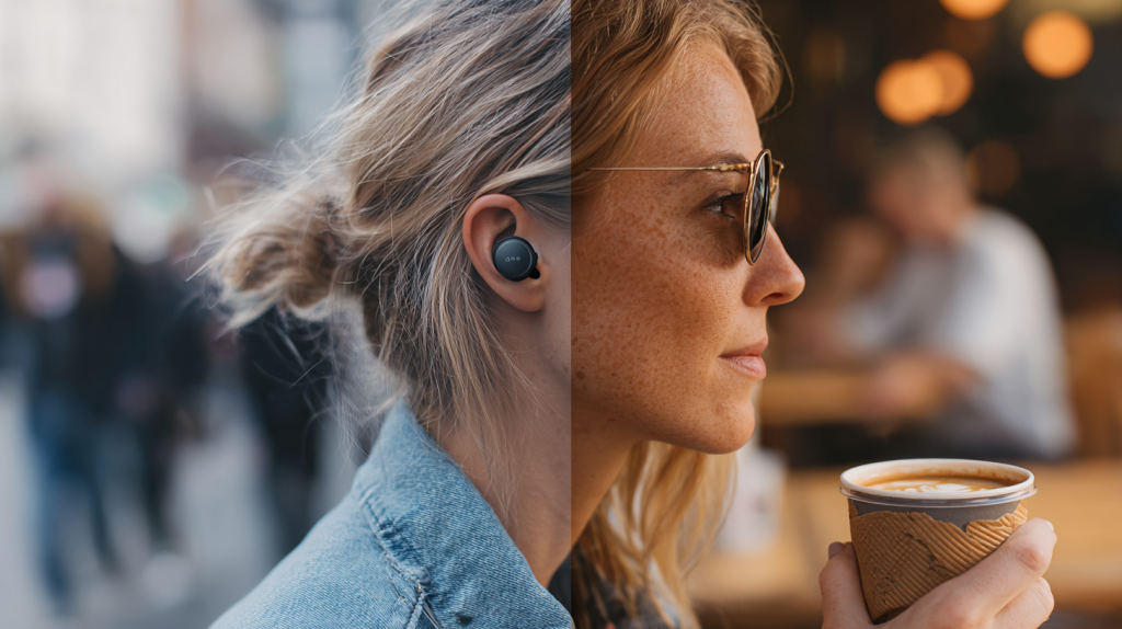 Künstlich generiertes Bild: Darstellung der ANC- und Transparenzfunktionen der Technics EAH-AZ100 im Split-Screen-Konzept.