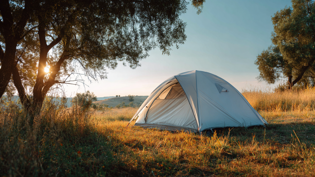 KI-generiertes Bild eines weißen 3-Personen-Kuppelzelts auf einer sonnigen Wiese mit blauem Himmel und leichten Baumschatten – fotorealistische Outdoor-Szene.