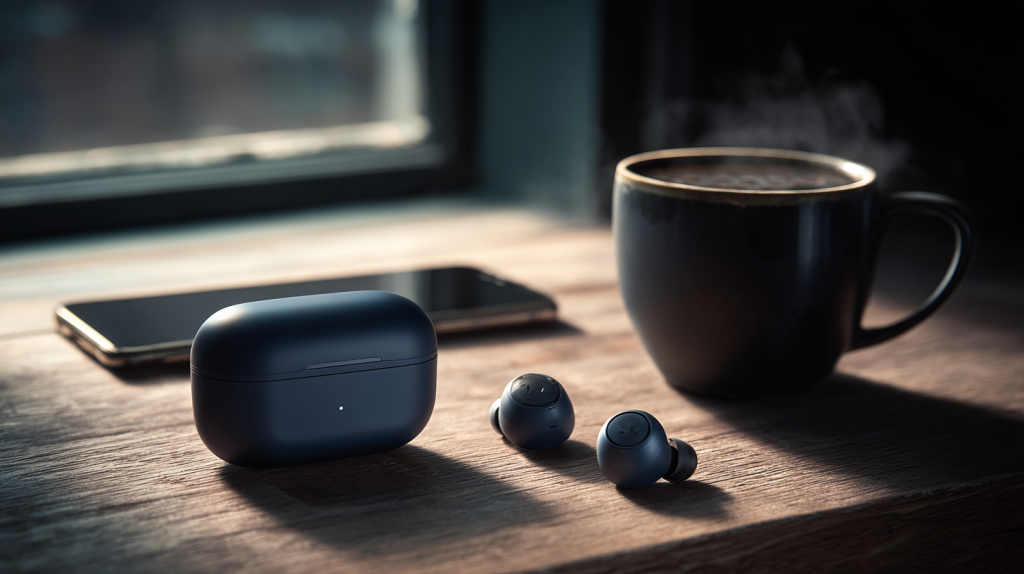 Künstlich generiertes Bild: Matte navyblaue Technics EAH-AZ100 Bluetooth Earbuds mit leicht geöffnetem Ladecase auf einem Holztisch neben Smartphone und Kaffeetasse bei Tageslicht.