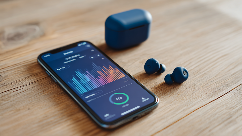 Künstlich generiertes Bild: Smartphone mit Technics Audio Connect App zeigt Equalizer neben den Technics EAH-AZ100 Earbuds.