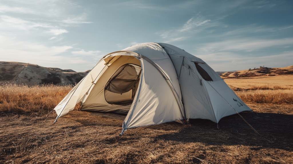 KI-generiertes Bild: Weißes 3-Personen-Blackout-Zelt mit geöffnetem Eingang auf trockener Wiese unter Sommersonne.