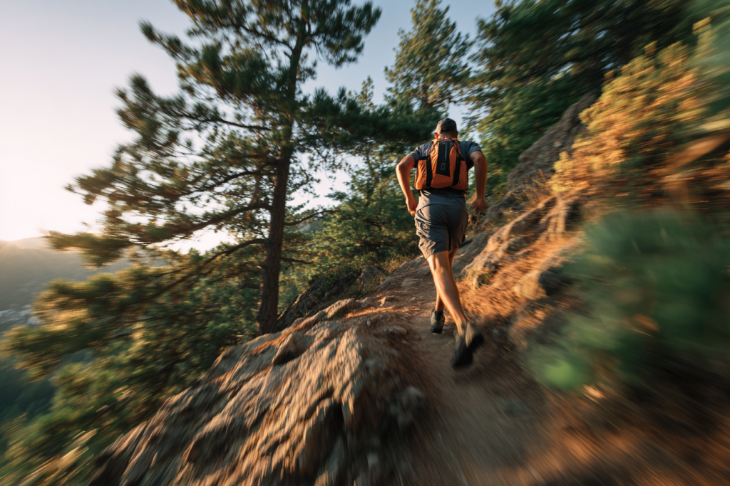 Trailrunner mit schwarzem Trinkrucksack beim Downhill auf einem Gebirgspfad, Schweiß im Gesicht, dynamische Bewegung – KI-generiertes Actionbild mit Midjourney.