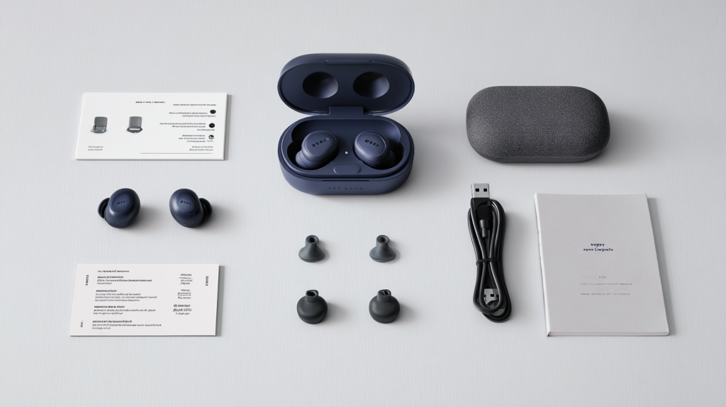 ünstlich generiertes Bild: Technics EAH-AZ100 mit Ladecase, Ohrstöpseln in drei Größen, USB-C-Kabel und Anleitung im Flatlay-Stil.