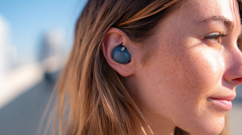 Künstlich generiertes Bild: Technics EAH-AZ100 Bluetooth Earbuds getragen im Ohr einer Person mit urbanem Hintergrund.