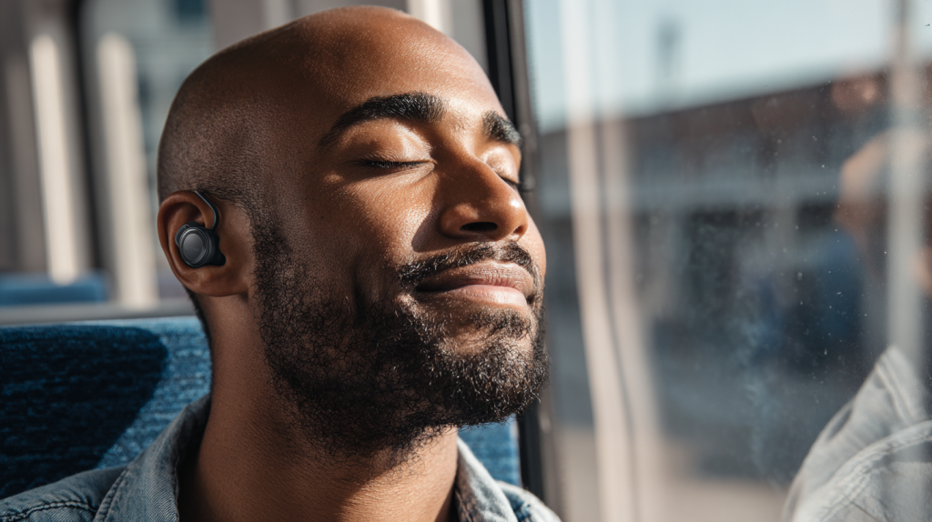 Künstlich generiertes Bild: Person mit Technics EAH-AZ100 Earbuds genießt Musik im Zug bei Tageslicht.
