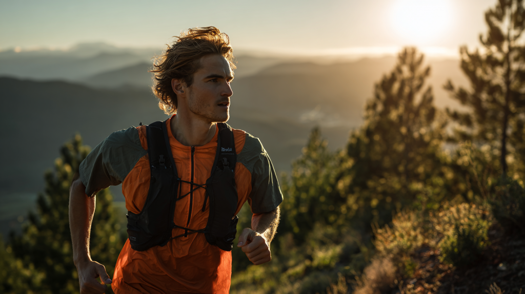 Trailrunner mit modernem Trinkrucksack auf einem Bergpfad bei Sonnenaufgang, fotorealistisch, KI-generiert mit Midjourney.