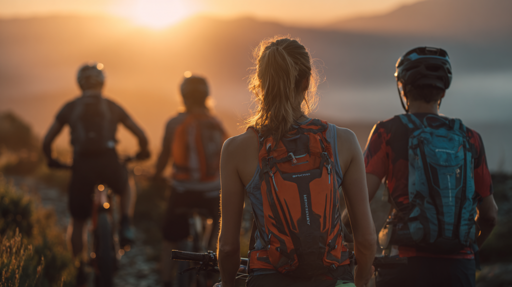 Gruppe sportlicher junger Menschen mit Trinkrucksäcken beim Start eines Trailruns und einer MTB-Tour im Morgengrauen, in alpiner Landschaft – KI-generiertes Bild mit Midjourney.