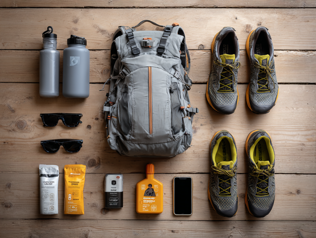 Trailrunning-Ausrüstung inklusive Trinkrucksack, Softflasks, Gels und Schuhe in Flatlay-Anordnung auf Holz – KI-generiertes Bild zur Kaufberatung.