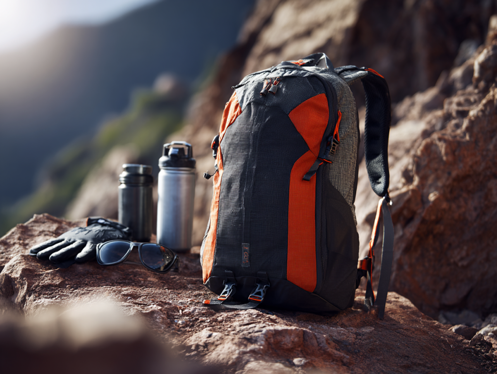 Nahaufnahme eines schwarzen-orangefarbenen Sport-Trinkrucksacks auf einem Fels, umgeben von Trail-Ausrüstung – KI-generiertes Produktbild mit Midjourney.