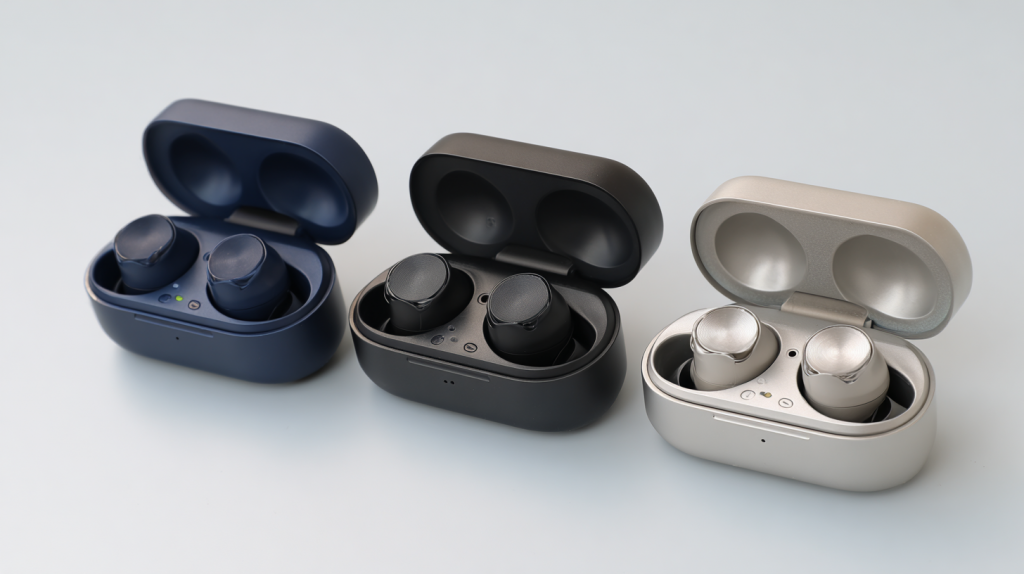 Künstlich generiertes Bild: Technics, Sony und Sennheiser True-Wireless-Earbuds im direkten Größen- und Designvergleich.