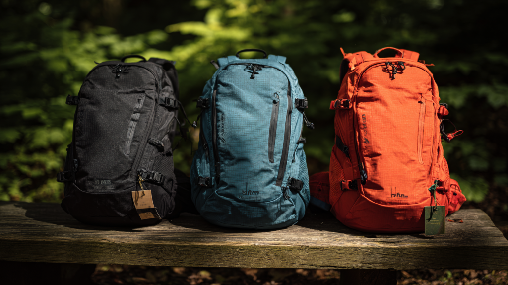 Drei Sport-Trinkrucksäcke in verschiedenen Farben auf einer Holzbank im Wald, nebeneinander stehend – Vergleichsansicht, KI-generiert mit Midjourney.