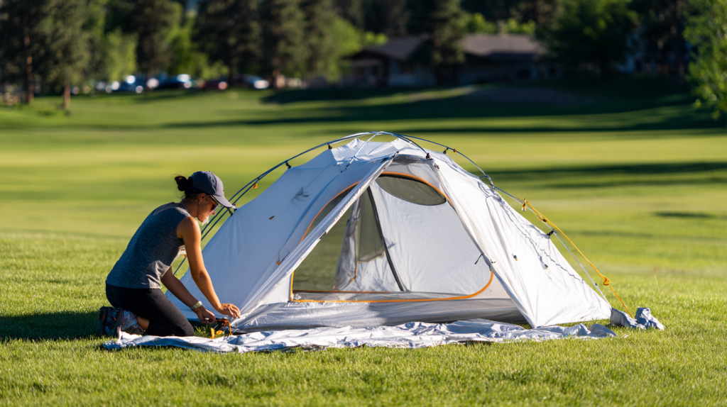 KI-generiertes Bild: Aufbau eines weißen 3-Personen-Zelts auf einer Sommerwiese – Zeltmaterial liegt ausgebreitet, helle Tageslichtstimmung.