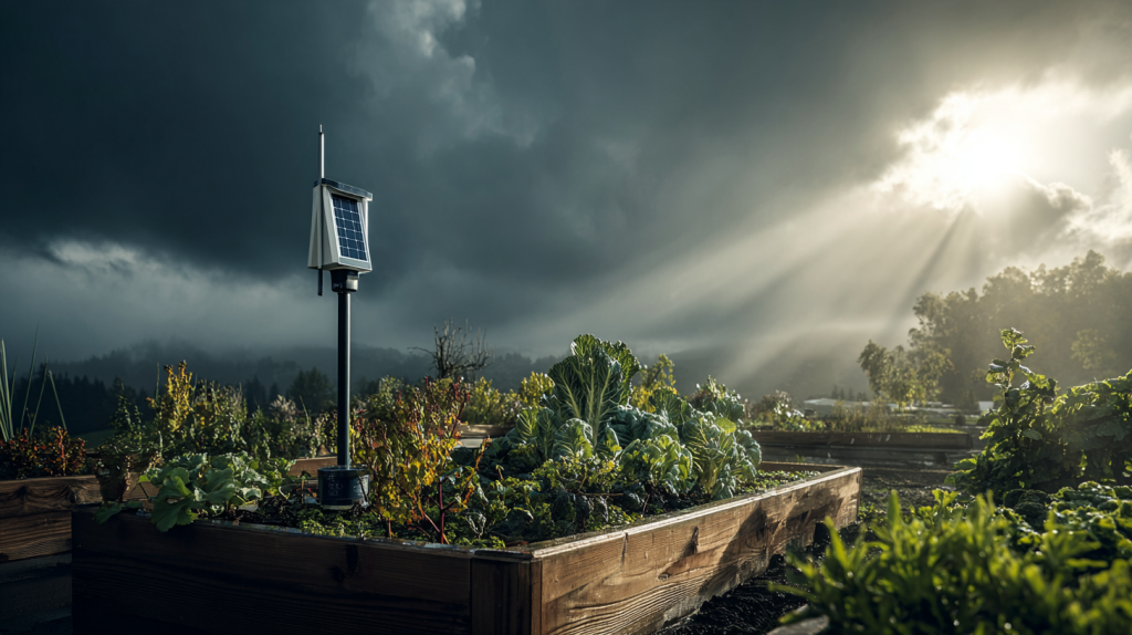 Moderne solarbetriebene Wetterstation mit Sensor im Garten vor einem Hochbeet und stimmungsvollem Himmel.