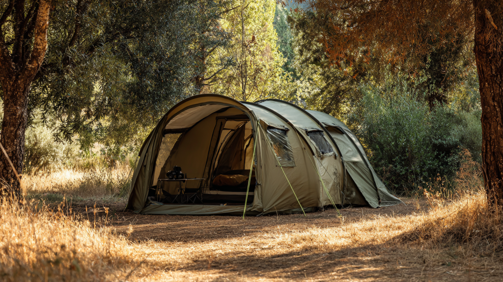KI-generiertes Bild: Tunnelzelt in neutralen Farben, aufgebaut auf sommerlichem Waldrand mit leichter Vegetation – ohne Menschen.