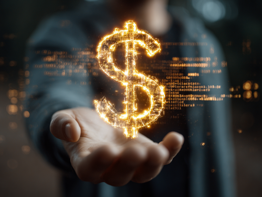 Hand hält symbolisch einen Stablecoin vor digitalem Blockchain-Hintergrund