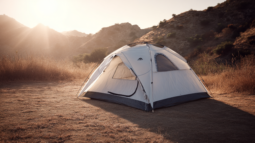 KI-generiertes Bild eines weißen Zelts in praller Sonne auf trockenem Sommerfeld – realistische Hitzesituation sichtbar.
