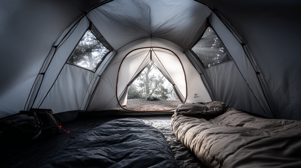 KI-generiertes Bild: Innenansicht eines Zelts mit Schlafsack und Isomatte – angenehme Campingatmosphäre bei Tageslicht.