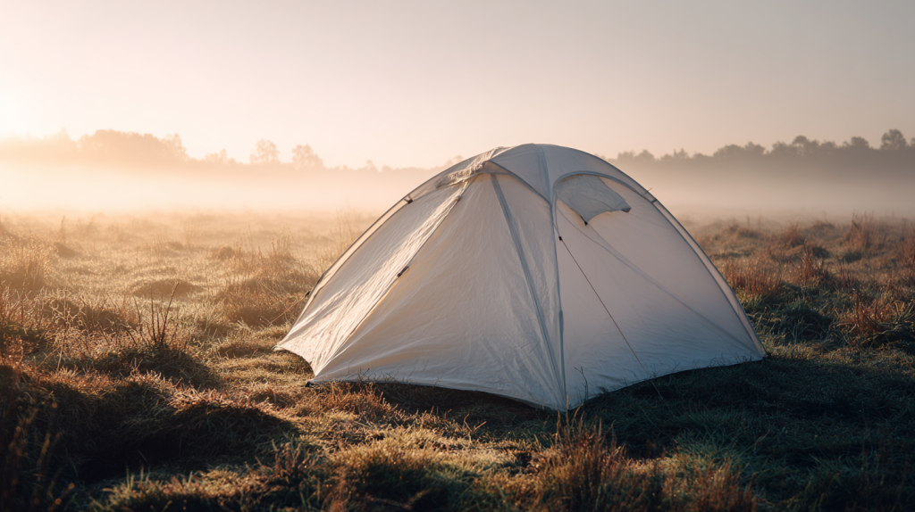 KI-generiertes Bild eines weißen Zelts am Morgen – Tau auf der Wiese, weiches Licht, ruhige Naturszene.
