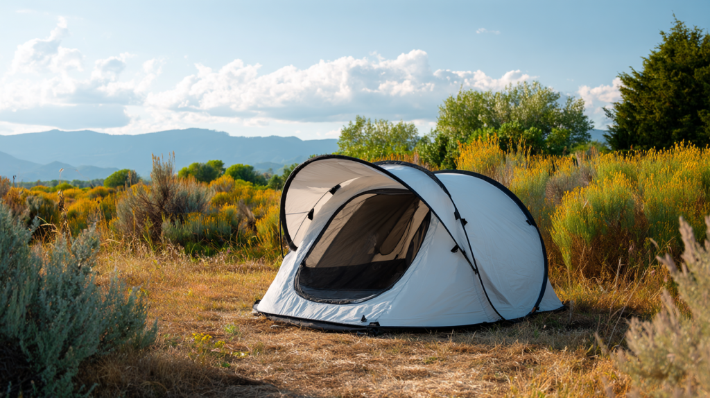 KI-generiertes Bild: Kompaktes Pop-up-Zelt für 2 Personen mit heller Außenhülle und Blackout-Innenraum – auf sommerlicher Wiese.