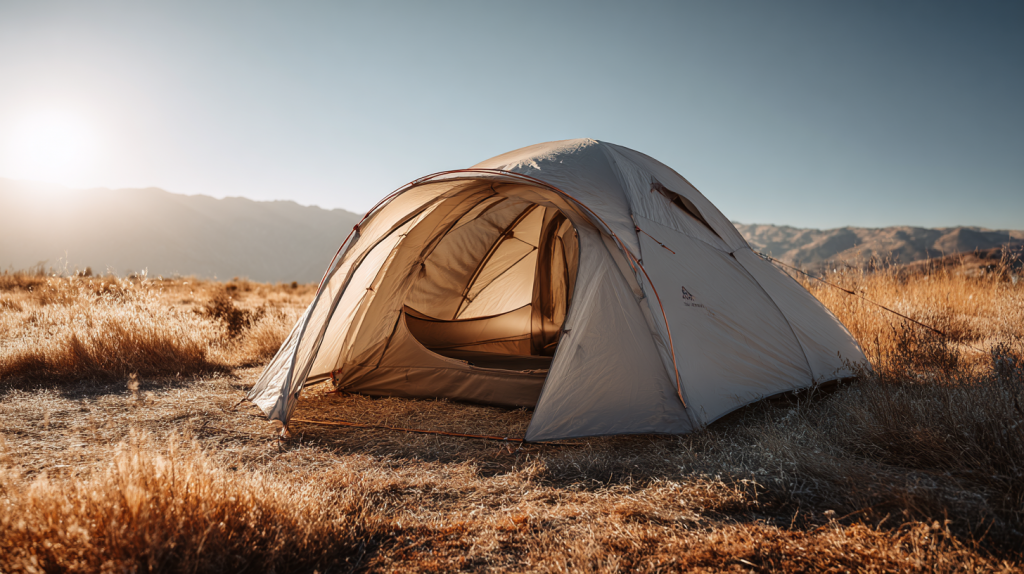 KI-generiertes Bild: Dreipersonenzelt in hellem Design mit offener Tür auf einer sonnenbeschienenen Sommerwiese.