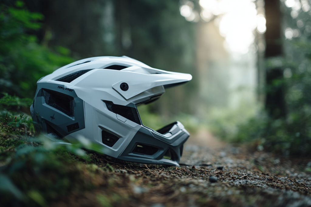 KI-generiertes Bild eines modernen Fahrradhelms in Hydrogen White und Uranium Black auf einem Waldweg – sicherer Mountainbike-Helm mit MIPS-Technologie für Trail- und Enduro-Fahrer