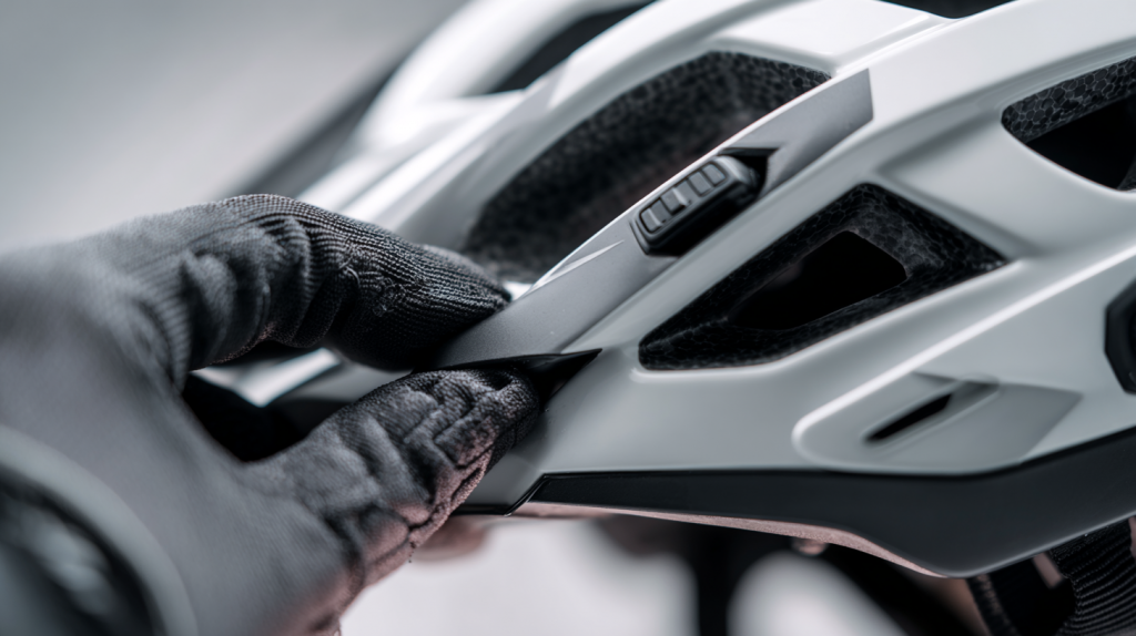 KI-generierte, fotorealistische Nahaufnahme eines Fahrradhelms in Hydrogen White und Uranium Black – eine behandschuhte Hand justiert präzise den seitlichen Verstellmechanismus, Fokus auf Passform, Komfort und hochwertige Verarbeitung beim Mountainbike-Helm.