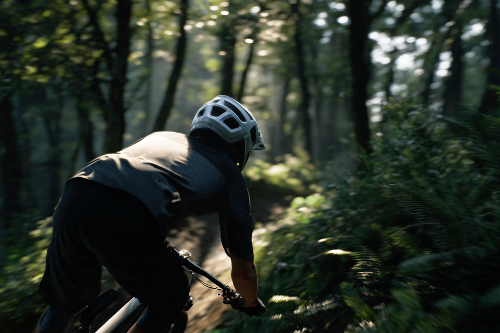 Mountainbiker mit modernem, offenen Fahrradhelm in Hydrogen White und Uranium Black fährt auf einem Wald-Trail – fotorealistische, KI-generierte Darstellung, Fokus auf Sicherheit und Schutz beim Mountainbiking.“