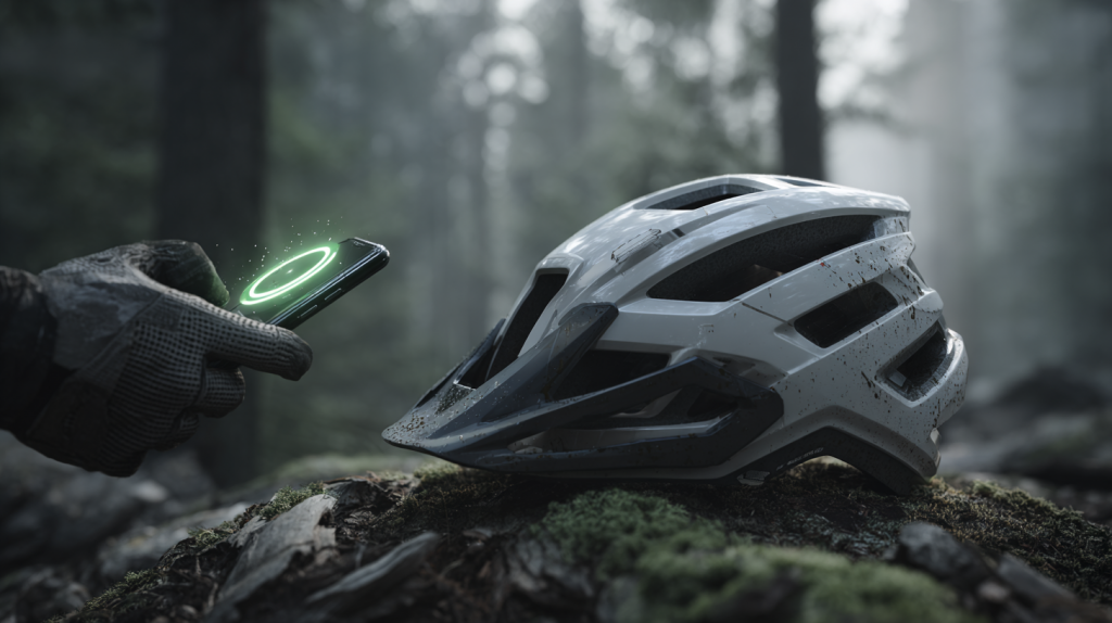 KI-generierte, fotorealistische Darstellung eines modernen Fahrradhelms in Hydrogen White und Uranium Black mit Smartphone-Interaktion – zeigt NFC- sowie MIPS-Sicherheitsfunktion in einem natürlichen Waldumfeld, Fokus auf smarte Fahrradtechnologie und Schutz beim Mountainbiking.