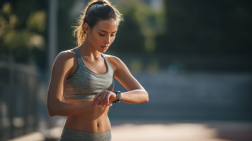 Sportliche Frau prüft ihre Smartwatch beim Joggen – Fitness-Tracking im Einsatz mit moderner Smartwatch, KI-generiertes Bild 2025