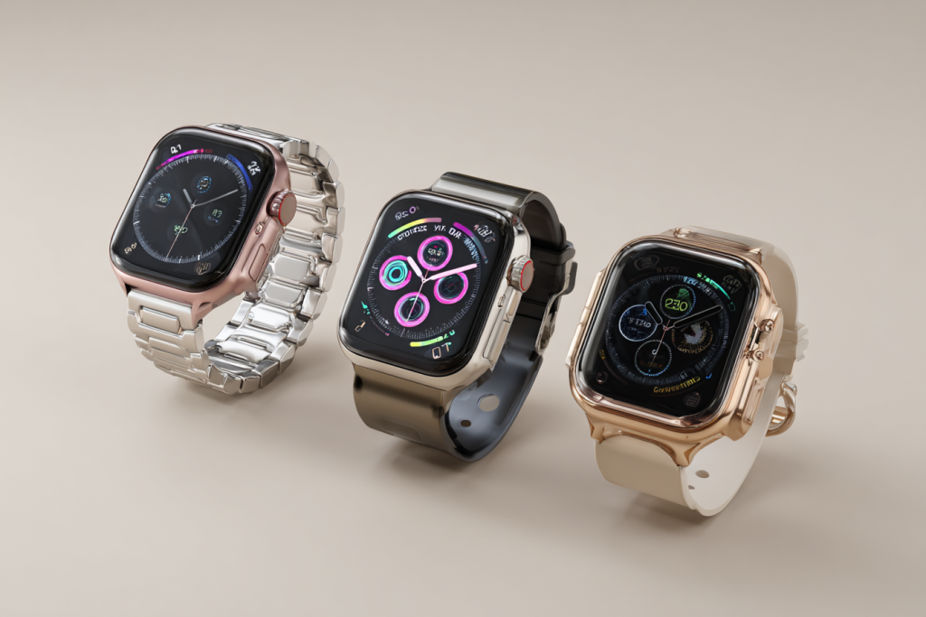 Drei moderne Smartwatches im direkten Designvergleich – futuristische Wearables ohne Markenlogos, realistisch visualisiert in einem KI-generierten Titelbild 2025.