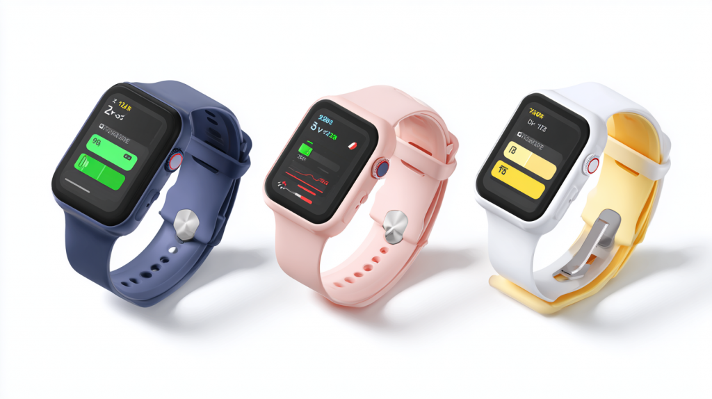 Drei farbige Smartwatches im Vergleich – moderne Fitnessuhren mit Health-Tracking-Displays in Blau, Rosa und Weiß, KI-generierte Darstellung 2025