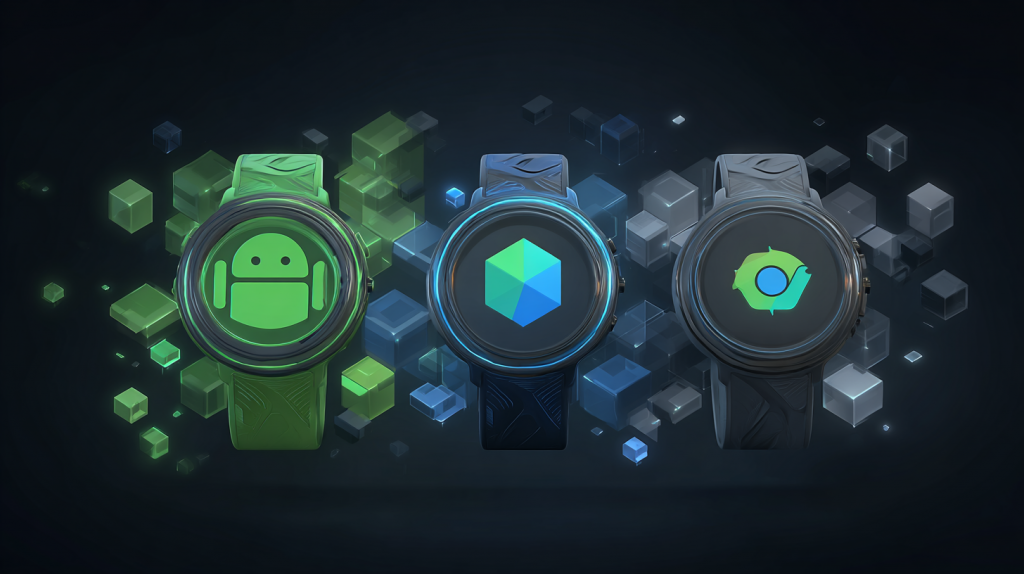 Drei stilisierte Smartwatches mit Android-, Wear OS- und Apple-ähnlichen Symbolen – abstrakte Darstellung von Smartwatch-Betriebssystemen 2025, KI-generiertes Vergleichsbild