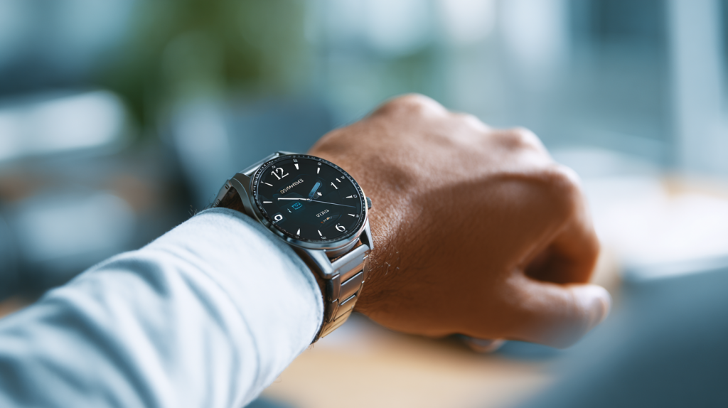 Smartwatch im Büroalltag – stilvolle Business-Smartwatch mit analogem Zifferblatt am Handgelenk eines Mannes, KI-generiertes Bild 2025
