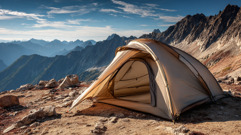 KI-generiertes Bild: Kompaktes 2-Personen-Kuppelzelt in Naturfarben auf alpinem Gelände unter klarem Himmel – ohne Logos.