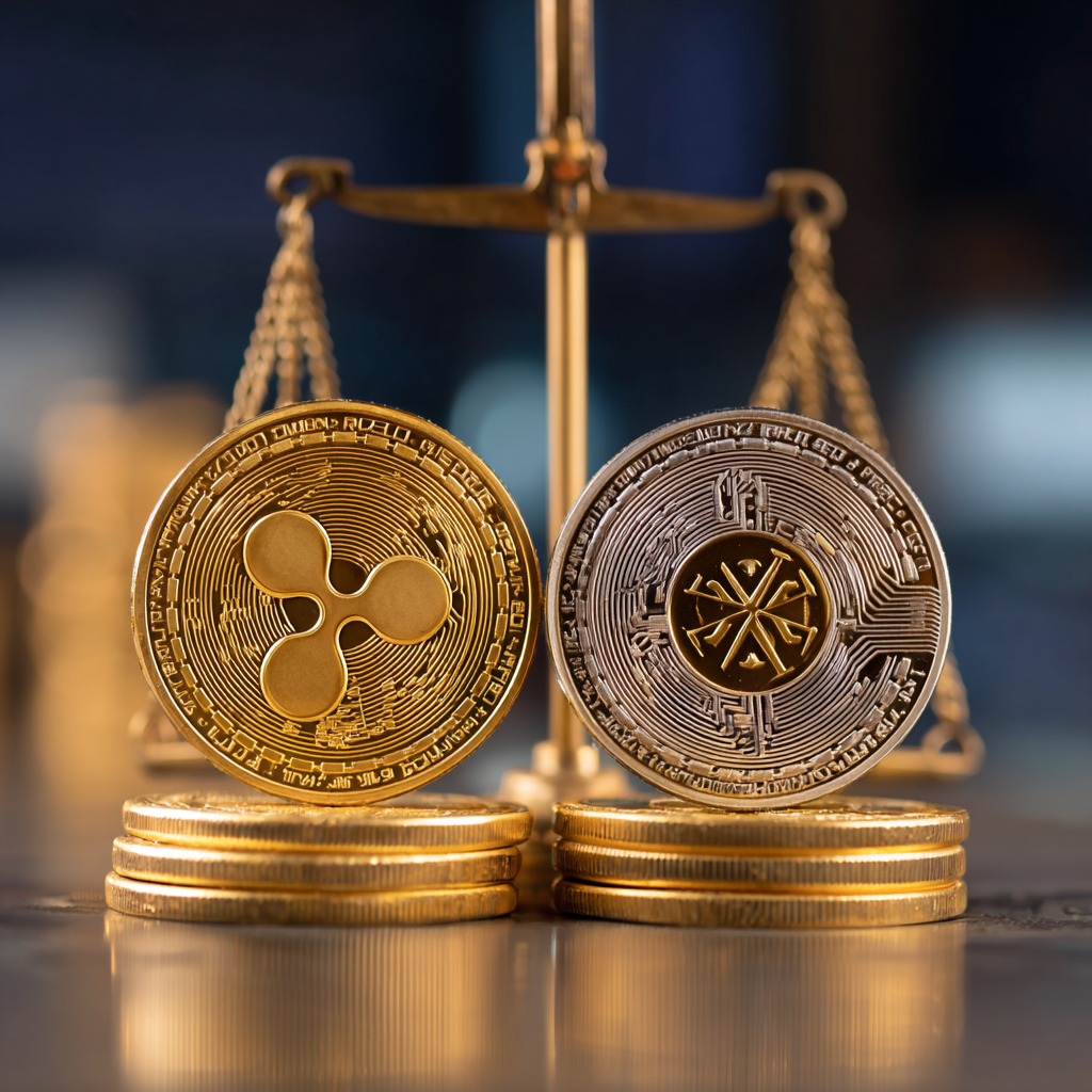 Visueller Vergleich zweier Stablecoins: RLUSD und USDC auf einer digitalen Waage
