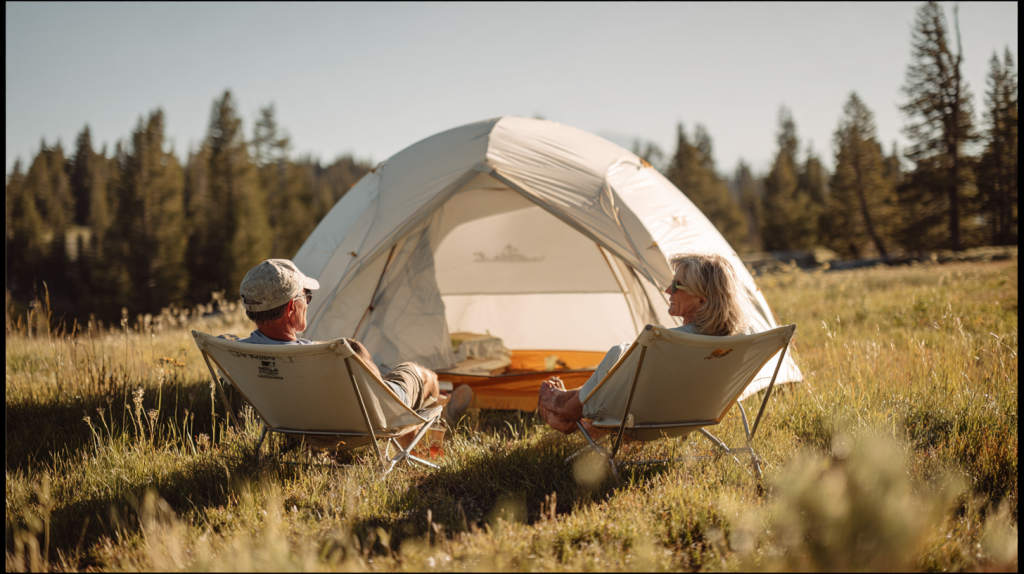KI-generiertes Bild: Zwei Erwachsene sitzen entspannt vor einem weißen Zelt – sommerliche Wiese, freundliche Stimmung.